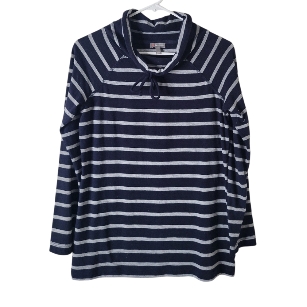 T By Talbots Blue Striped Cowl Neck Top
